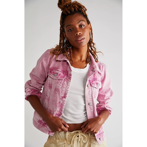 Free People X We The Free Rumors Denim Jacket Pink Acid Wash Women's Small EUC - Picture 2 of 8